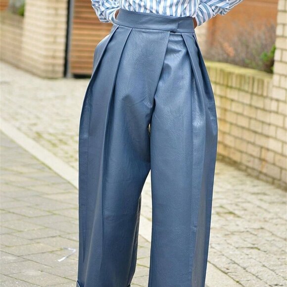 Dusty Blue Elegant Womens Faux leather Baggy w/Pockets Pants high street fashion - Picture 3 of 4